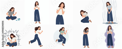 Simple Flat Illustration of Young Woman Expressing Various Emotions and Activities