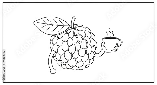 Cute Custard Apple Character Holding a Steaming Coffee Cup with Steam