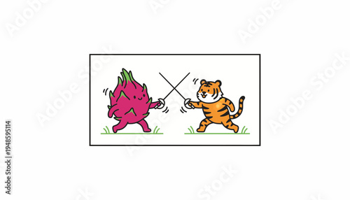 Cute dragon fruit and tiger cartoon characters fencing with swords in a field
