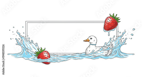 Cute Duck Swimming in Water with Strawberries, Summer Refreshment Frame