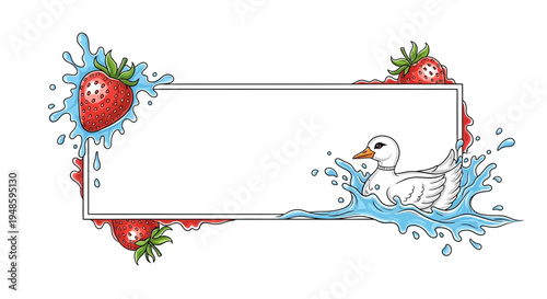 Cute Duckling Swimming in Water Splash with Strawberries Border - Summer Fun