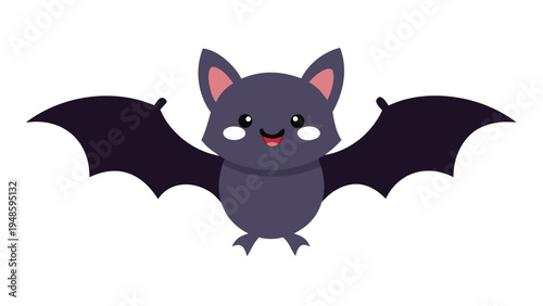A cute dark purple cartoon bat character with white cheeks and pink inner ears flying with wings spread wide against a solid white background.