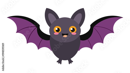 A purple and black cartoon bat character with large orange eyes and pink blush marks on its face flying with its wings open on white.