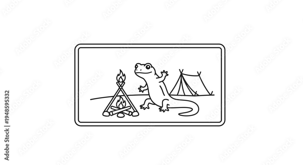 Fototapeta premium Cute cartoon lizard enjoying camping by a campfire and tent, outdoor adventure