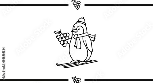 Cute cartoon penguin skiing with grapes, winter fun, healthy lifestyle