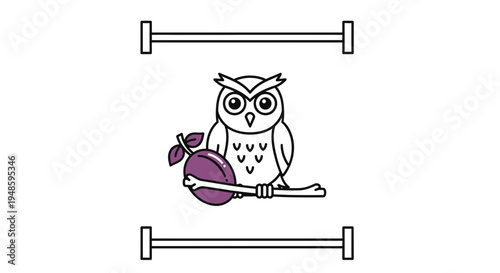 Cute cartoon owl holding a plum on a branch, framed by horizontal lines