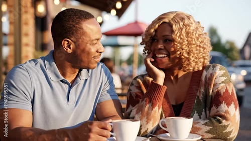 Happy mature couple enjoying warm conversation together over coffee at an outdoor cafe