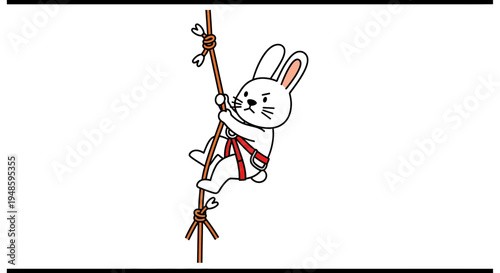 Cute cartoon rabbit climbing a rope with harness, determination, adventure, challenge