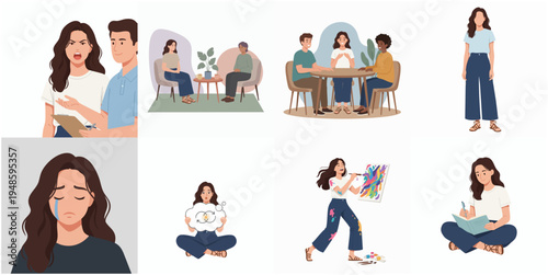 Flat Illustration Diverse People Mental Wellbeing and Therapy Sessions Group
