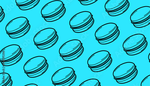 Macaron Seamless Pattern. French Dessert Illustration. Handdrawn Sweet Pastry. Repeating Bakery Background. Decorative Packaging Textile Design.