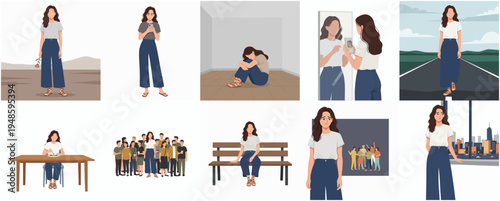Simple Flat Illustration Showing a Young Woman in Different Life Situation