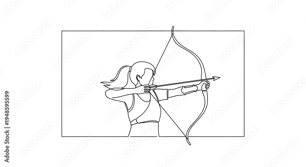 Obraz premium Archer Woman Drawing Bow Arrow in Continuous Line Art Style