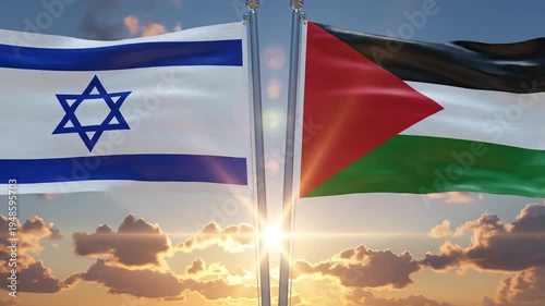 Israeli and Palestinian national flags waving together against a bright sunset sky background