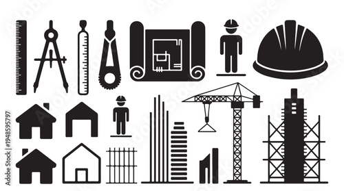 Engineering and construction tools and building vector icons set