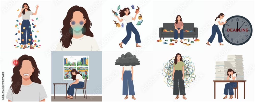 Εκτύπωση καμβά Modern Flat Style Set of Mental Health and Emotional State Illustration