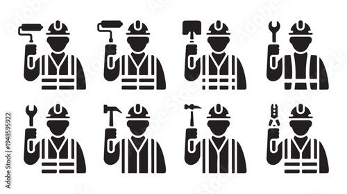 Industrial worker and construction icons, repairman with tools, service and maintenance