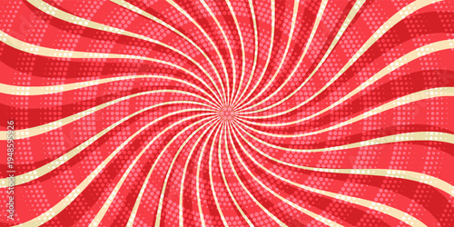 Retro red background with vintage circus sunburst. Psychedelic colorful swirl poster, abstract pattern in 70s carnival style. Hypnotic sunburst vector illustration.