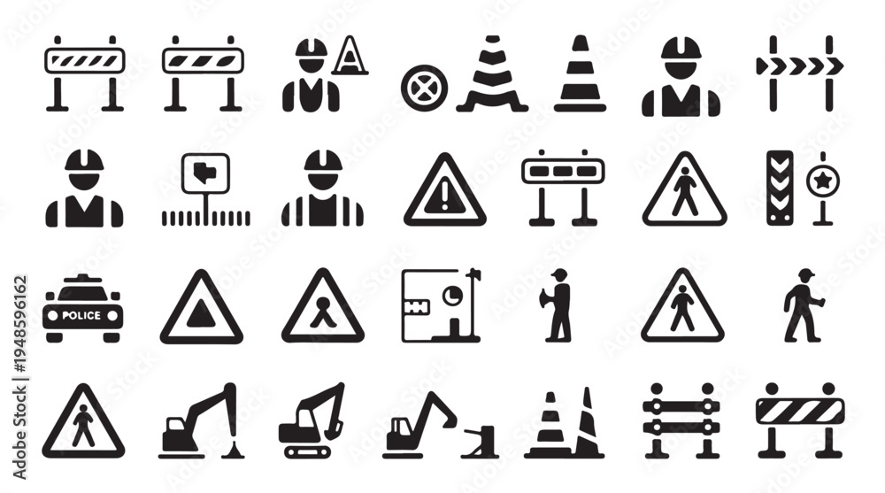 Fototapeta premium Road construction and safety icons, traffic control, workers, barriers, cones, signs