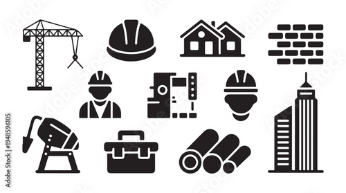 Building construction and engineer icons set including crane, helmet, mixer, and pipes