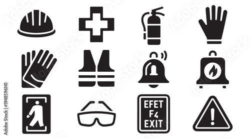 Construction site safety and emergency icons set including helmet, first aid, and fire extinguisher