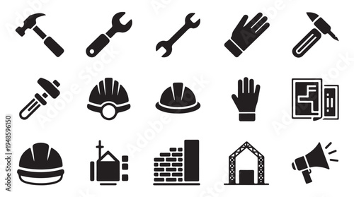 Building and construction tools icons, black silhouette on white background