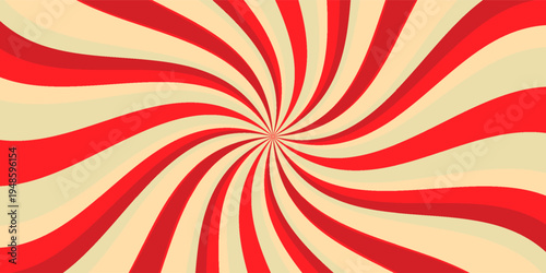 Retro red background with vintage circus sunburst. Psychedelic colorful swirl poster, abstract pattern in 70s carnival style. Hypnotic sunburst vector illustration.