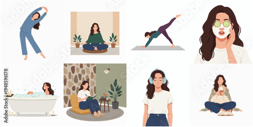 Flat Illustration Woman Doing Relaxing Home Activities Collection