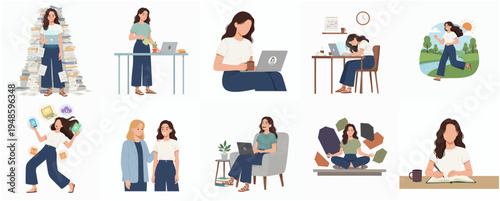 Minimalist Flat Illustration Diverse Woman Working at Home Lifestyle Collection