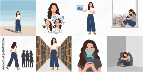 Minimalist Flat Style Young Woman Illustration in Various Scenes and Poses