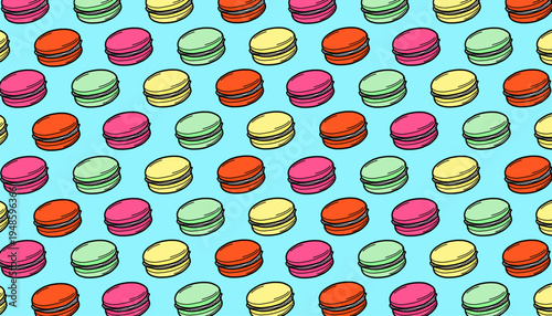 Macaron Seamless Pattern. French Dessert Illustration. Handdrawn Sweet Pastry. Repeating Bakery Background. Decorative Packaging Textile Design.