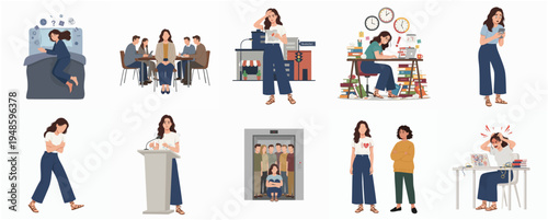 Flat Style Different Activities and Situations of a Young Professional Woman Set Illustration