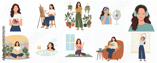 Simple Flat Illustration Woman Doing Self Care Activities in Various Situations