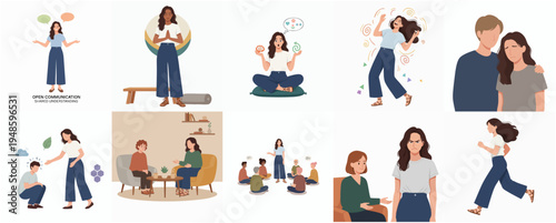 Minimalist Flat Illustration Set Representing Mental Health and Wellbeing Activities