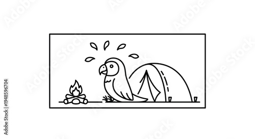 Scared Parrot Camping by Tent and Campfire, Funny Animal Illustration