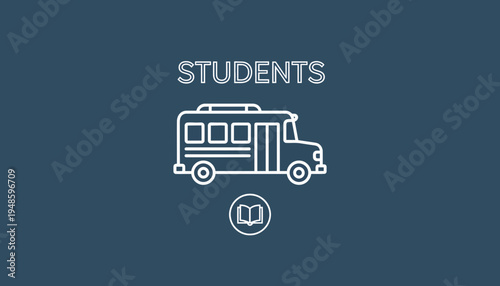 School Bus Icon with Book Symbol and "STUDENTS" Text on Dark Blue Background