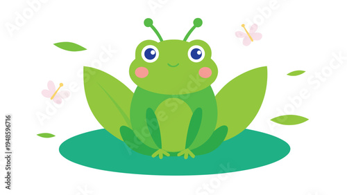 A green cartoon frog with blue eyes and pink cheeks sitting on a lily pad with two pink butterflies and floating green leaves on white.