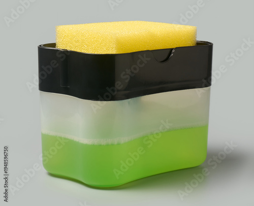 Canvas Print plastic soap dispenser with sponge isolated gray background, rectangular contain