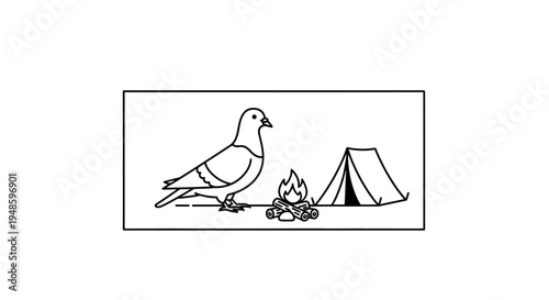 Pigeon Camping Adventure: Bird by Tent and Campfire in Minimalist Line Art