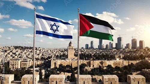 Israeli and Palestinian flags flying together over the historic city of Jerusalem skyline