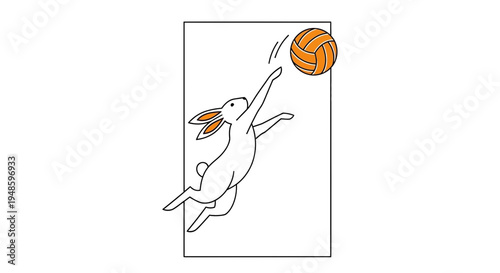 Rabbit playing volleyball, cartoon style, jumping to hit the ball, funny animal sport concept