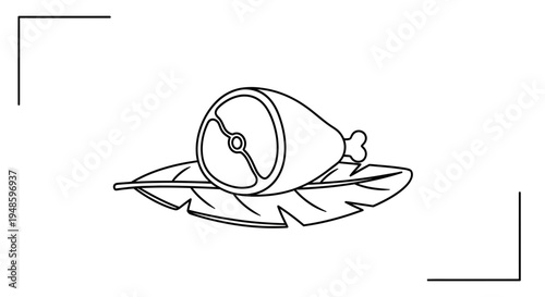 Raw Ham Hock on a Leaf, Minimalist Line Art, Food Illustration