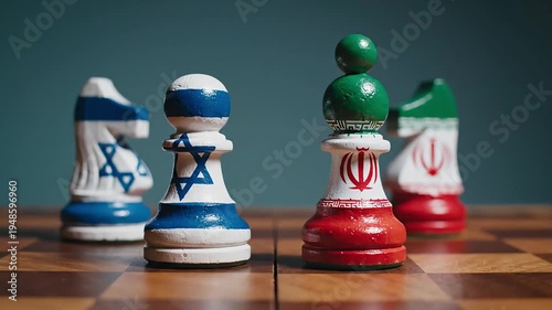 Chess pieces representing Israel and Iran face each other on a chessboard symbolizing geopolitical conflict.