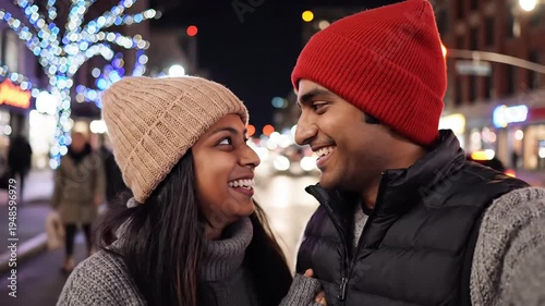 Happy couple wearing knit hats sharing a loving moment together on a city street