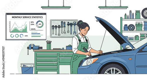 Female mechanic working on car engine in garage.