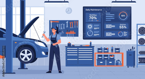 Female mechanic working on car in modern garage.