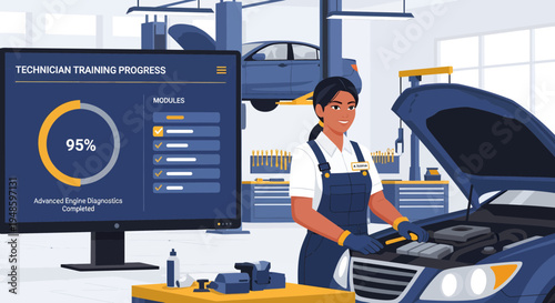 Female mechanic working on car engine with training progress screen.