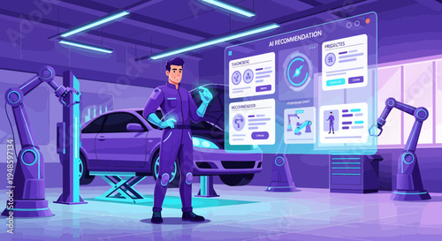 Man in futuristic suit interacting with holographic car interface.