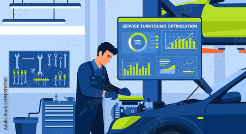 Mechanic analyzing car diagnostics on advanced computer screen.