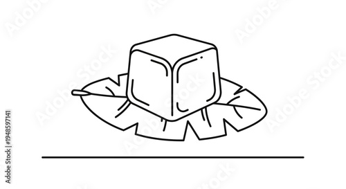 Minimalist Ice Cube on Tropical Leaf Line Art