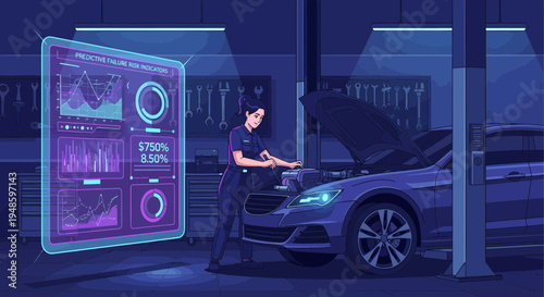 Mechanic analyzing car data on futuristic screen.